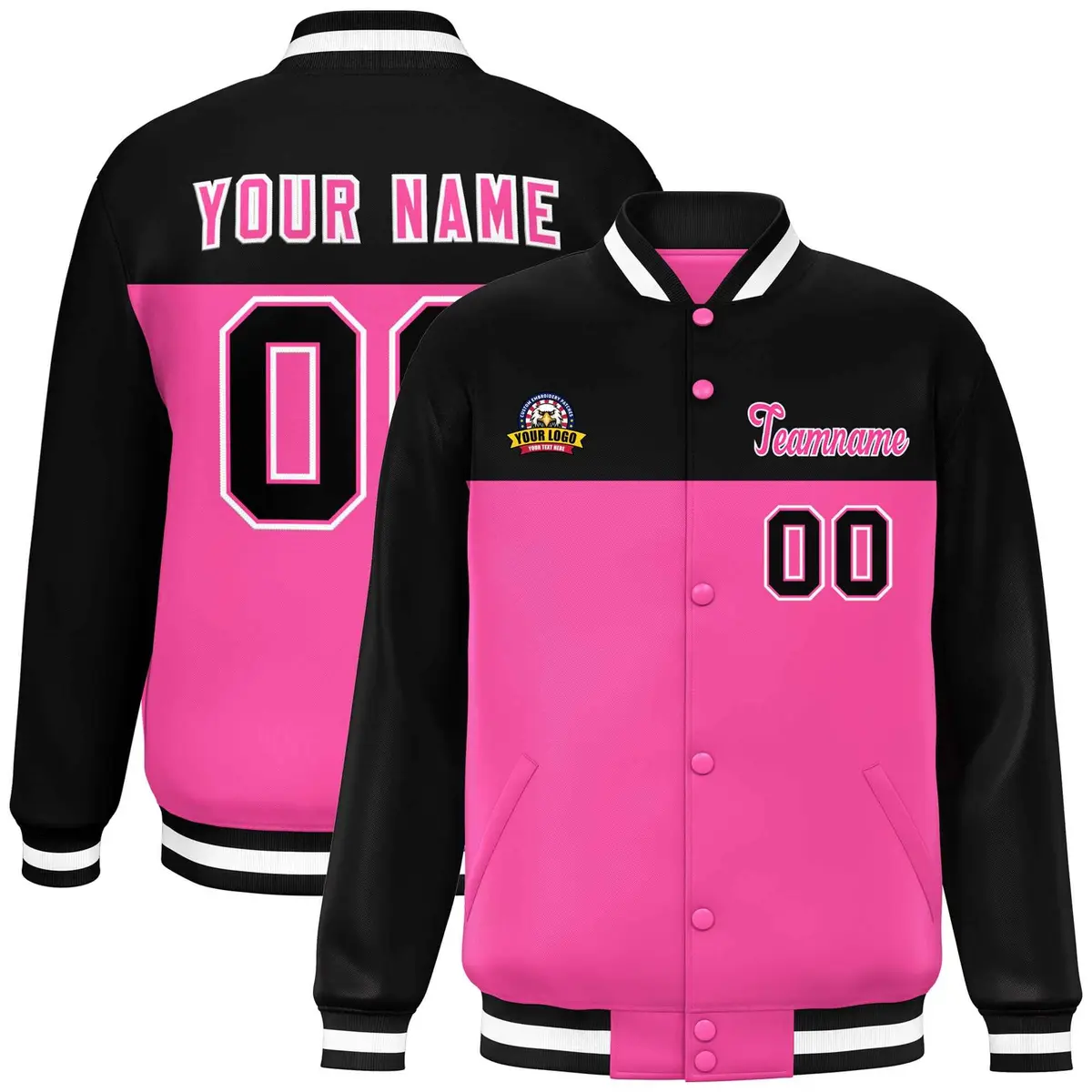 Black Rose Red-White Color Block Full-Snap Varsity Letterman Jacket