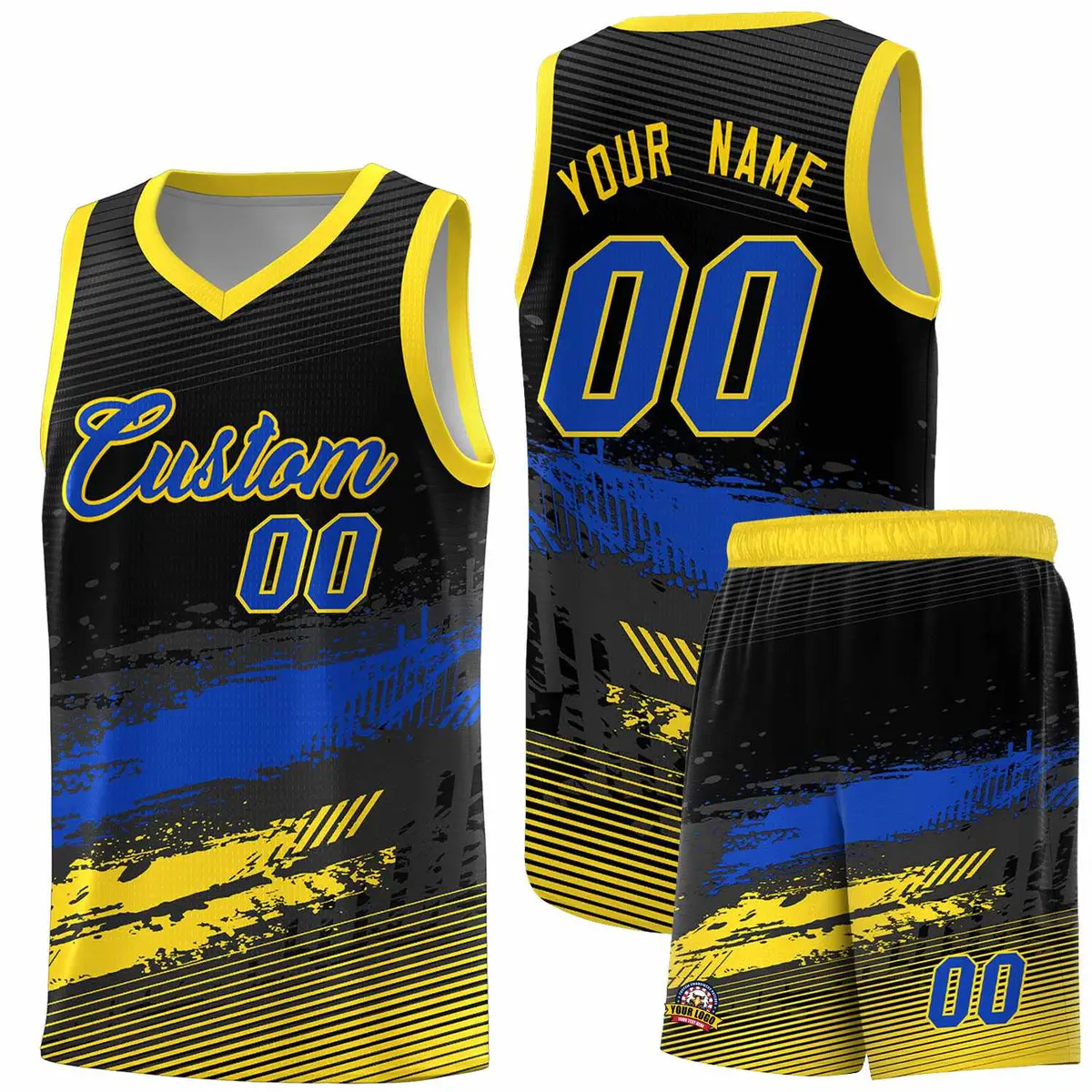 Black Royal and Gold Graffiti Pattern Basketball Jersey