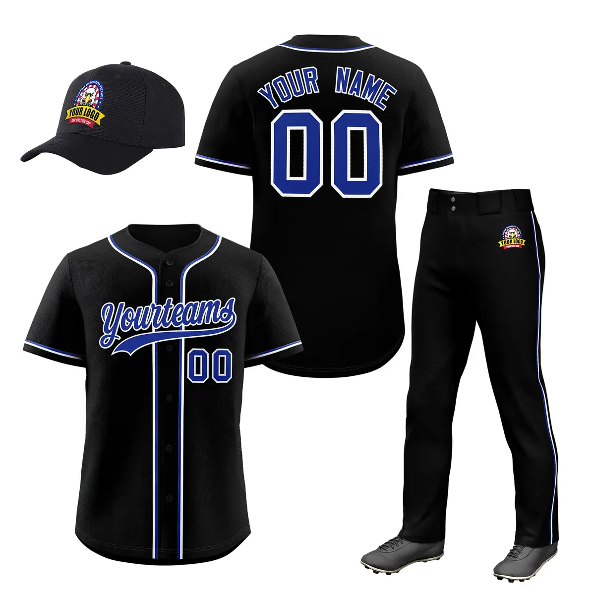 Black Royal Blue Baseball Jersey Pants Hat Uniform Package