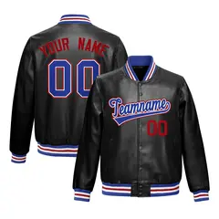 Black Royal Blue Full-Snap Faux Leather Varsity Letterman Jacket 1