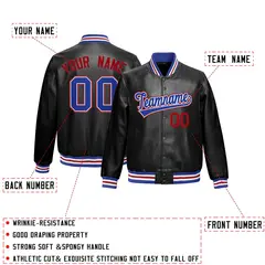 Black Royal Blue Full-Snap Faux Leather Varsity Letterman Jacket 2