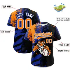 Black Royal Blue Orange Full-Snap Tiger Graffiti Baseball Jersey 2
