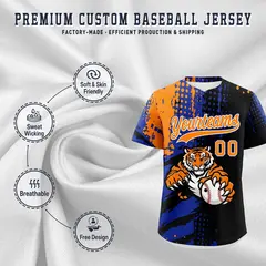 Black Royal Blue Orange Full-Snap Tiger Graffiti Baseball Jersey 3