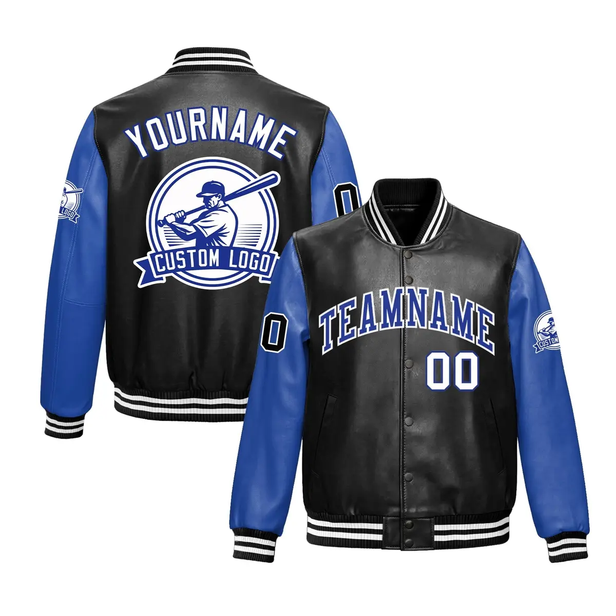 Black Royal Blue Raglan Full-Snap Faux Leather Letterman Jacket
