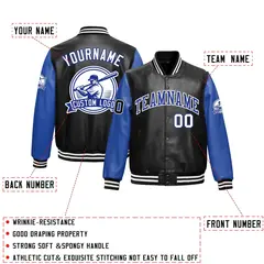 Black Royal Blue Raglan Full-Snap Faux Leather Letterman Jacket 2