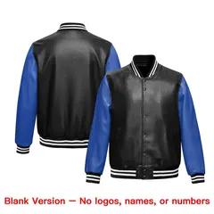 Black Royal Blue Raglan Full-Snap Faux Leather Letterman Jacket 6