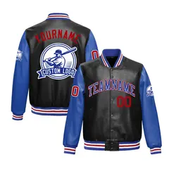 Black Royal Blue Raglan Full-Snap Faux Leather Letterman Jacket 1
