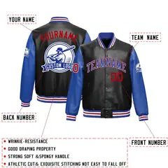 Black Royal Blue Raglan Full-Snap Faux Leather Letterman Jacket 2
