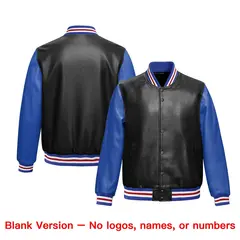Black Royal Blue Raglan Full-Snap Faux Leather Letterman Jacket 6