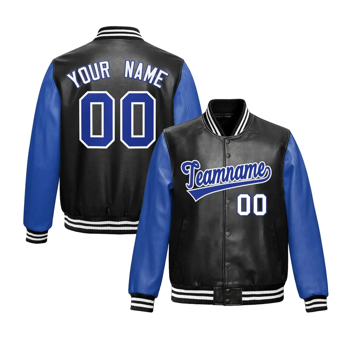 Black Royal Blue Raglan Full-Snap Varsity Faux Leather Letterman Jacket