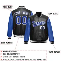 Black Royal Blue Raglan Full-Snap Varsity Faux Leather Letterman Jacket 2