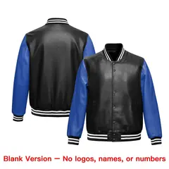 Black Royal Blue Raglan Full-Snap Varsity Faux Leather Letterman Jacket 6
