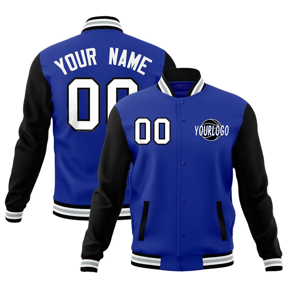 Black Royal Blue Raglan Sleeves Cotton Letterman Jacket