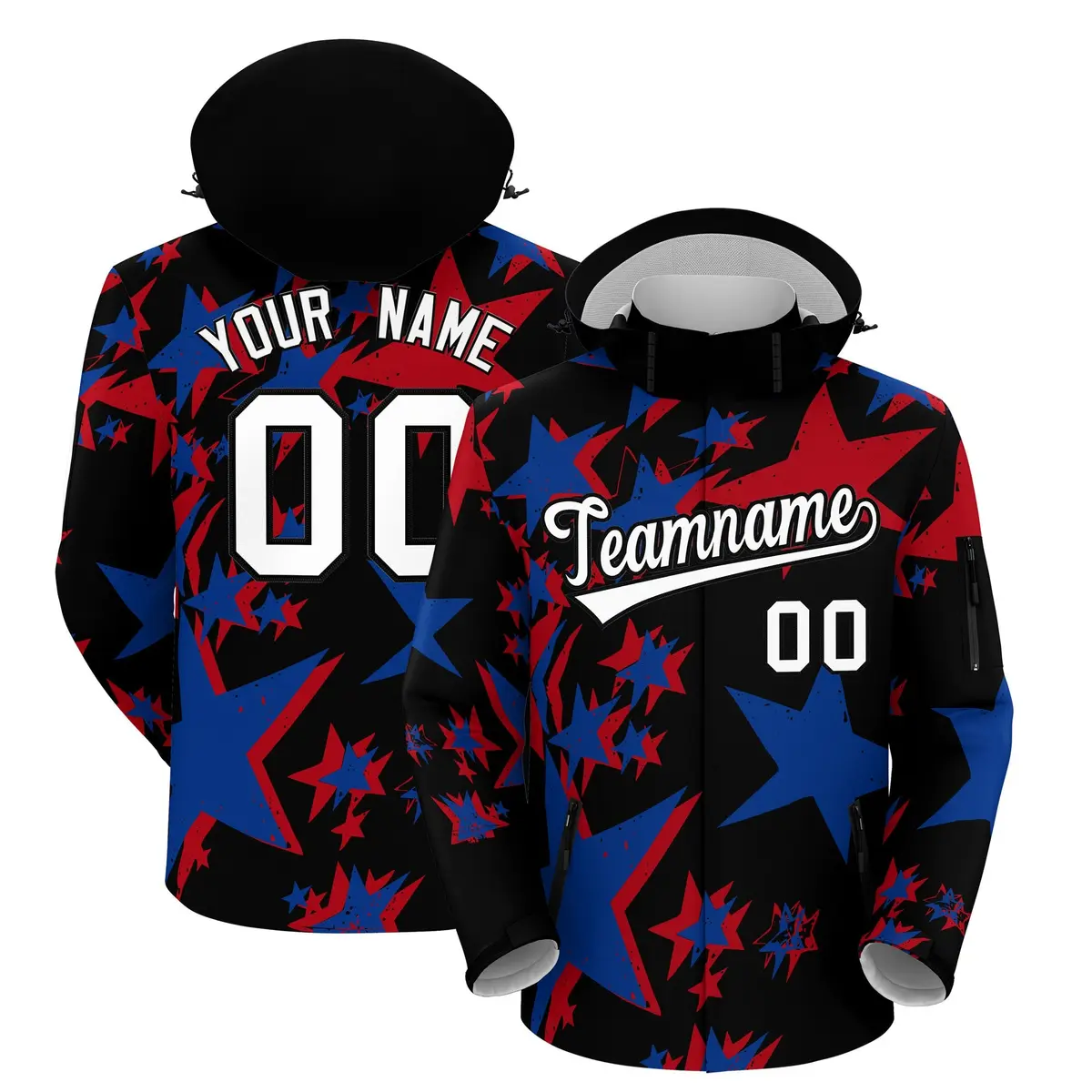 Black Royal Blue Red American Flag Independence Day Waterproof Jacket