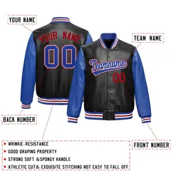 Black Royal Blue Red Raglan Full-Snap Varsity Faux Leather Letterman Jacket 2