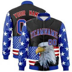 Black Royal Blue White American Flag Independence Day Full Zip Wrinkle-Resistant Jacket