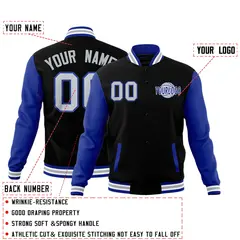 Black Royal Blue White Raglan Sleeve Cotton Letterman Jacket 2