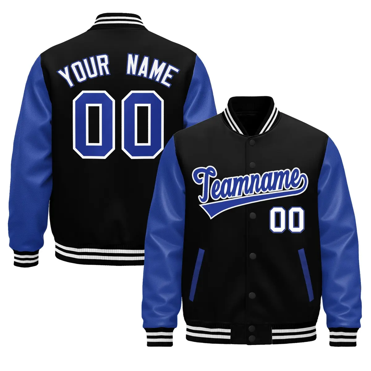 Black Royal Blue White Raglan Varsity Full-Snap Leather Sleeves Letterman Jacket