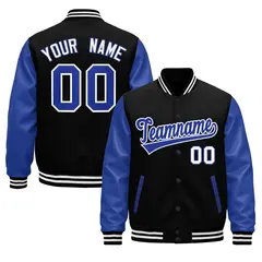 Black Royal Blue White Raglan Varsity Full-Snap Leather Sleeves Letterman Jacket