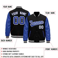 Black Royal Blue White Raglan Varsity Full-Snap Leather Sleeves Letterman Jacket 2