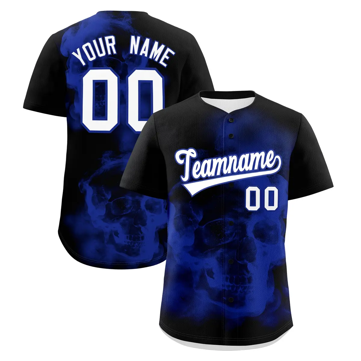 Black Royal Blue White Skeleton Graffiti Baseball Jersey