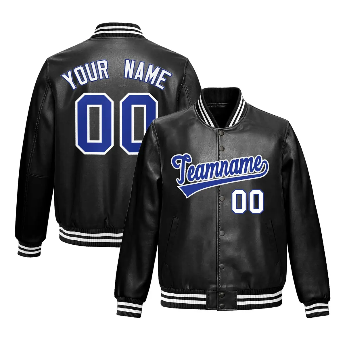Black Royal Blue White Varsity Full-Snap Faux Leather Letterman Jacket