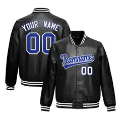 Black Royal Blue White Varsity Full-Snap Faux Leather Letterman Jacket