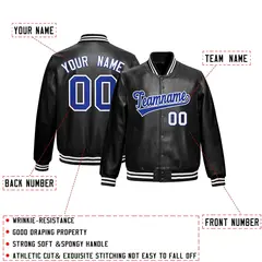 Black Royal Blue White Varsity Full-Snap Faux Leather Letterman Jacket 2