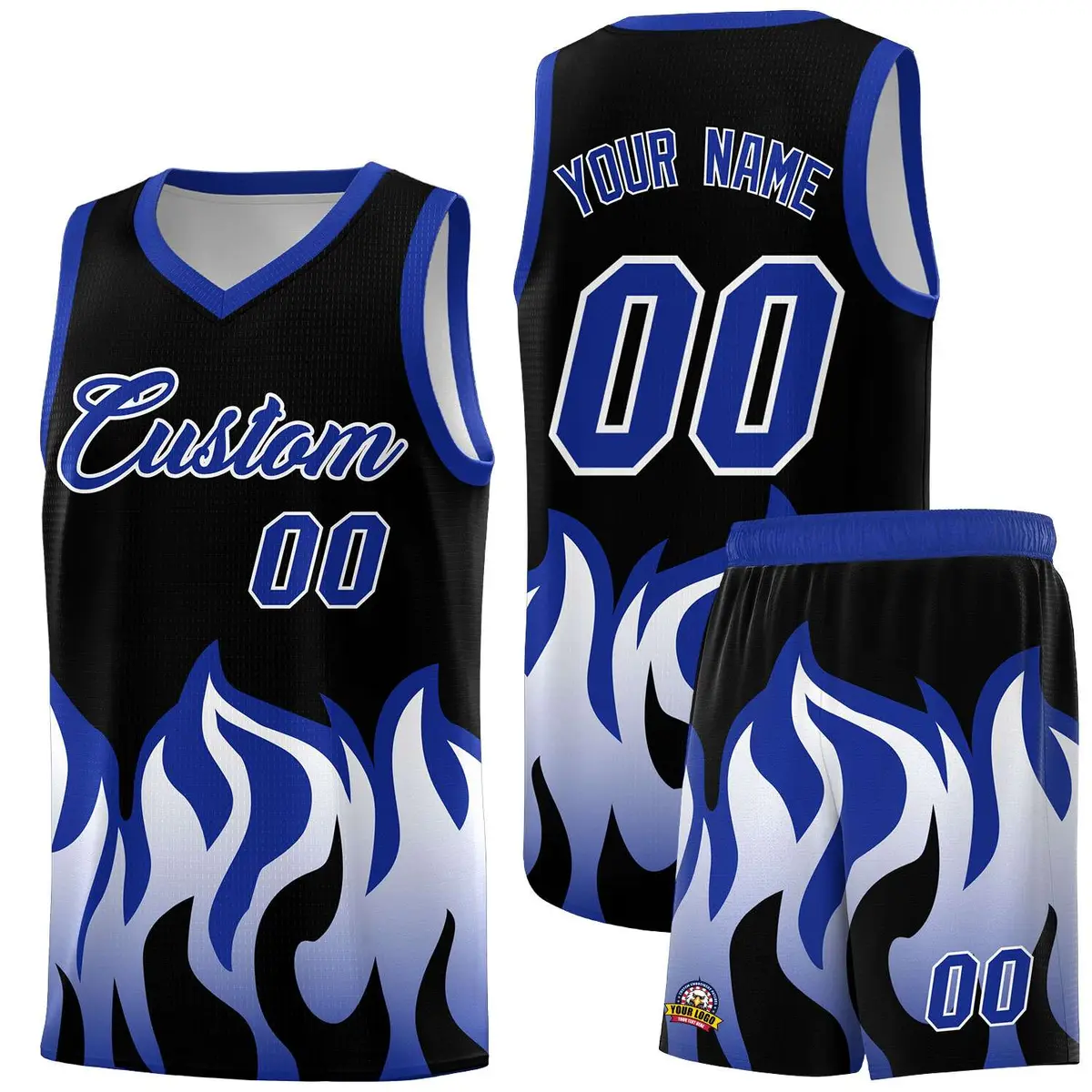 Black Royal Flame Pattern Hem Basketball Jersey
