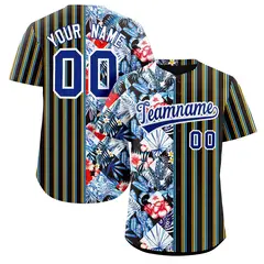 Black Royal Hawaii Tropical Flower Stripe Baseball Jersey