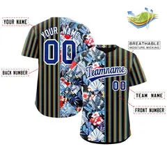 Black Royal Hawaii Tropical Flower Stripe Baseball Jersey 2