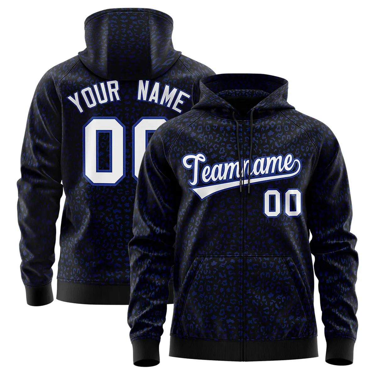 Black Royal Leopard Print Varsity Full-Zip Letterman Jacket Hoodie