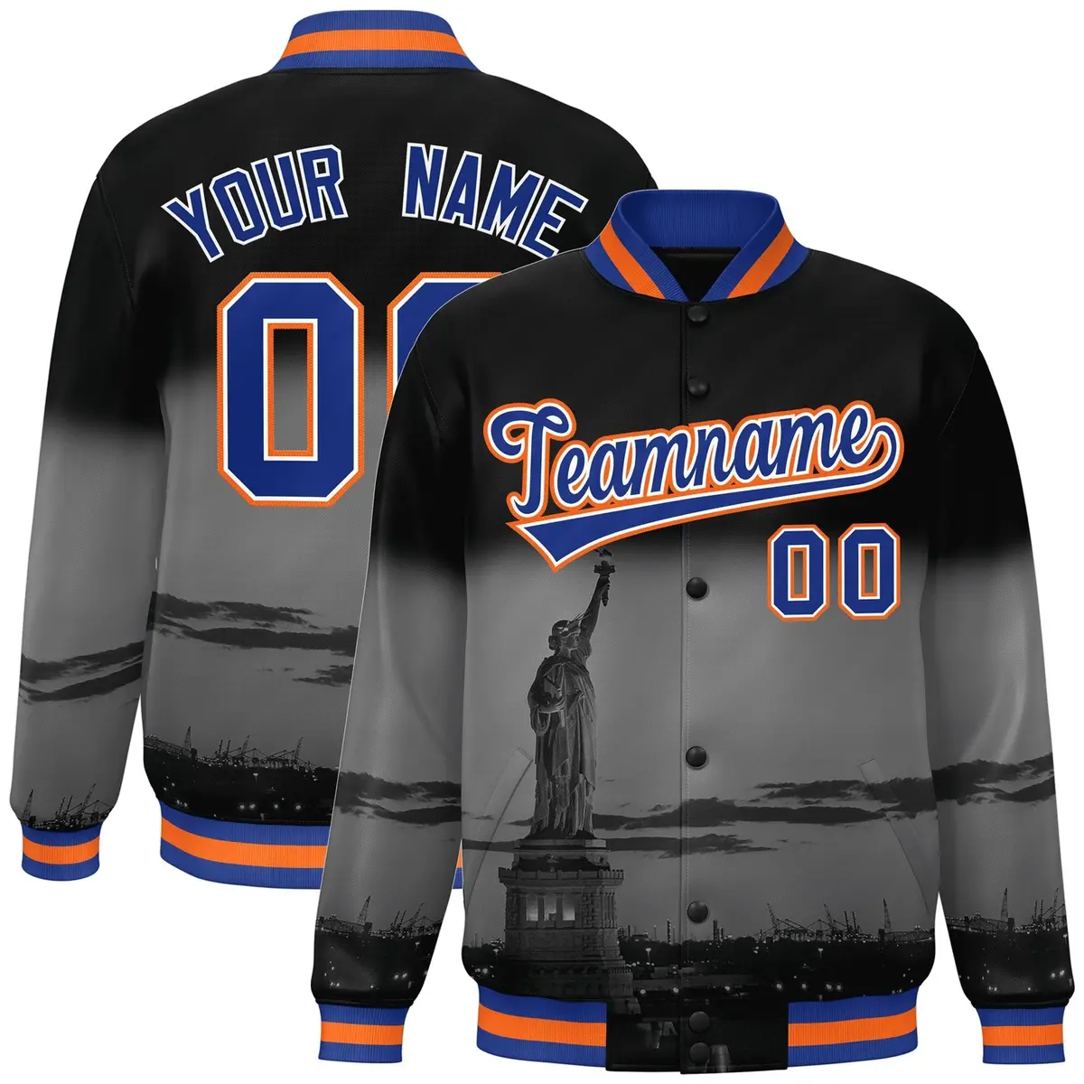 Black Royal Orange New York City Skyline Varsity Full-Snap Jacket