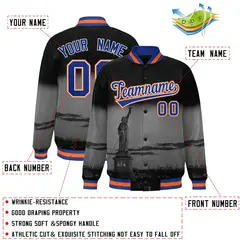 Black Royal Orange New York City Skyline Varsity Full-Snap Jacket 2