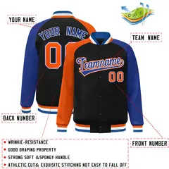 Black Royal-Orange Varsity Raglan Letterman Bomber Jacket 2