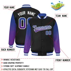 Black Royal-Purple Gradient Varsity Full-Snap Raglan Baseball Jacket 2