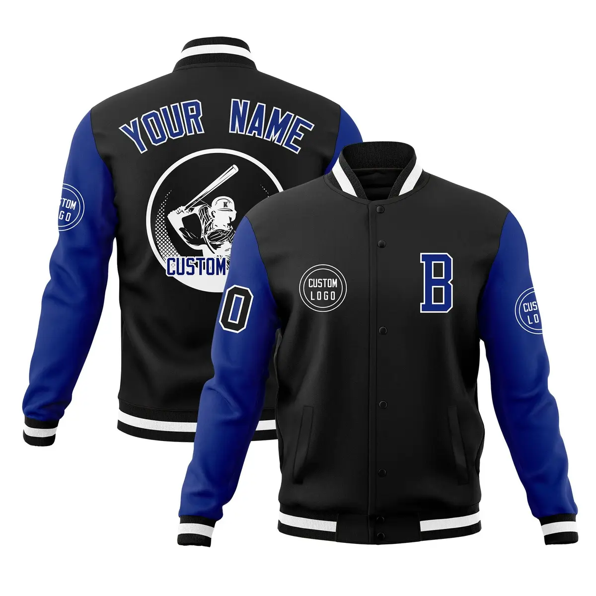Black Royal Raglan Sleeves Full-Snap Varsity Letterman Jacket