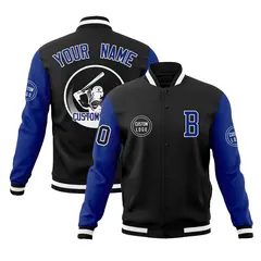 Black Royal Raglan Sleeves Full-Snap Varsity Letterman Jacket