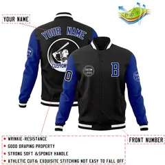 Black Royal Raglan Sleeves Full-Snap Varsity Letterman Jacket 4
