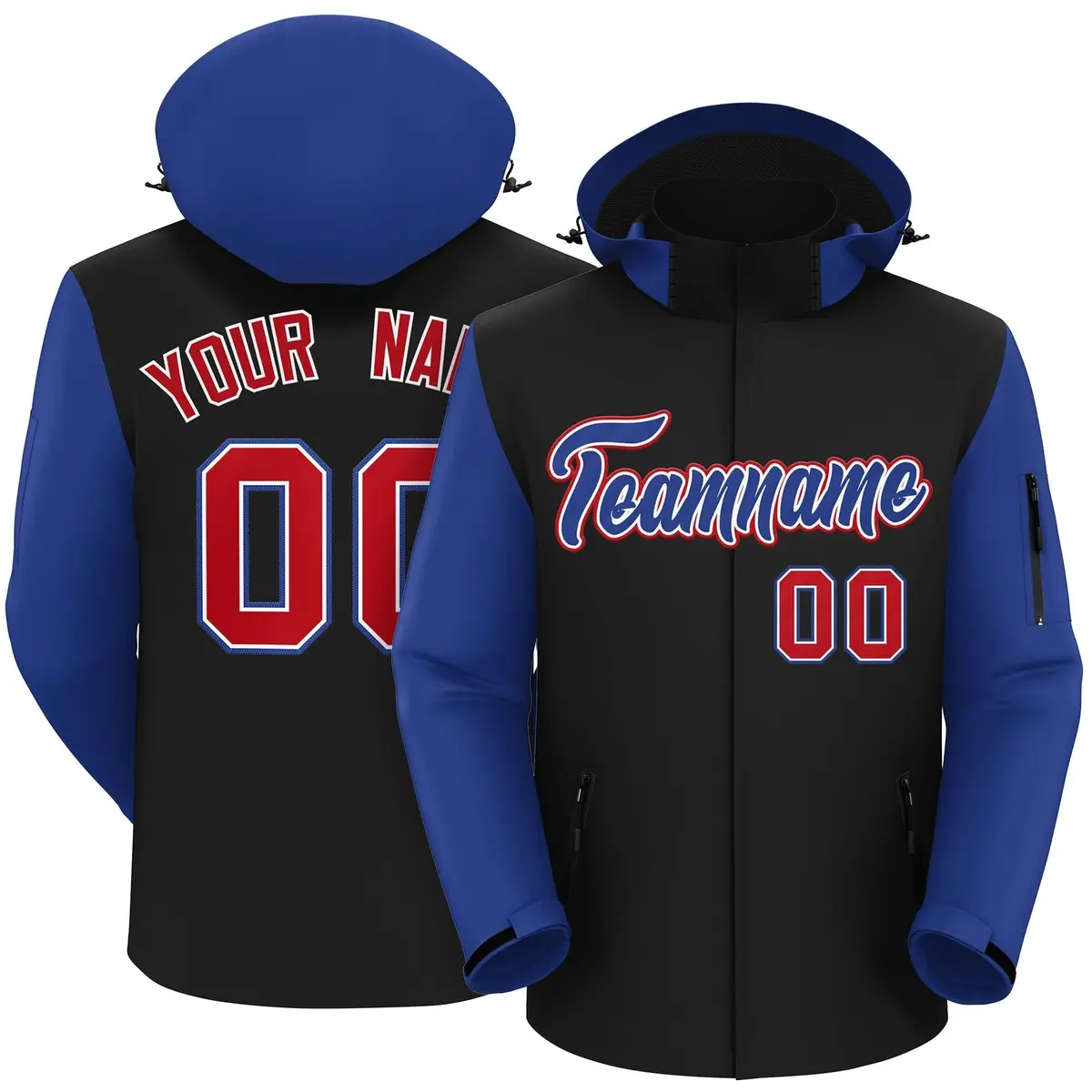 Black Royal-Red Raglan Sleeves Waterproof Jacket
