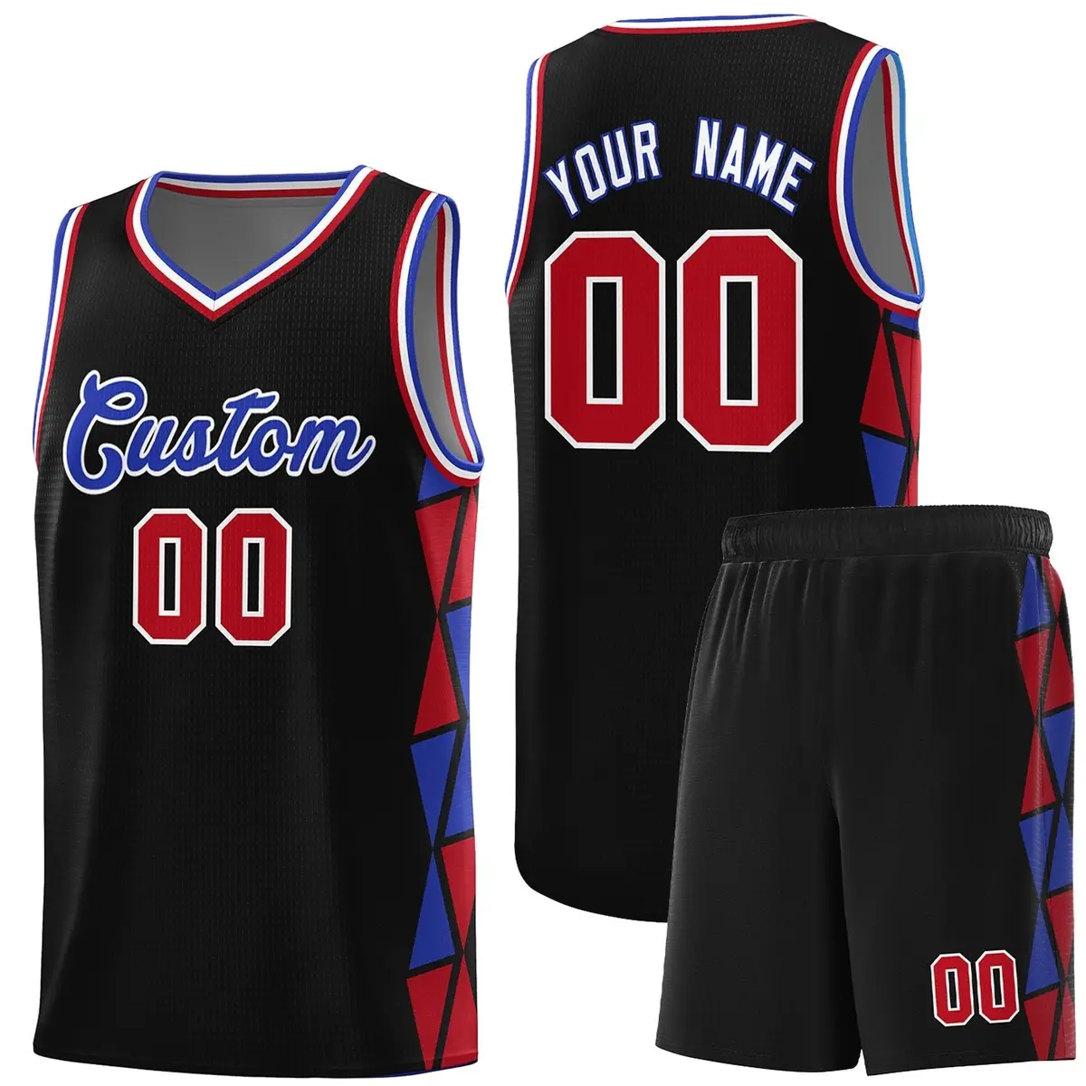 Black Royal-Red Side Triangle Splicing Basketball Jersey