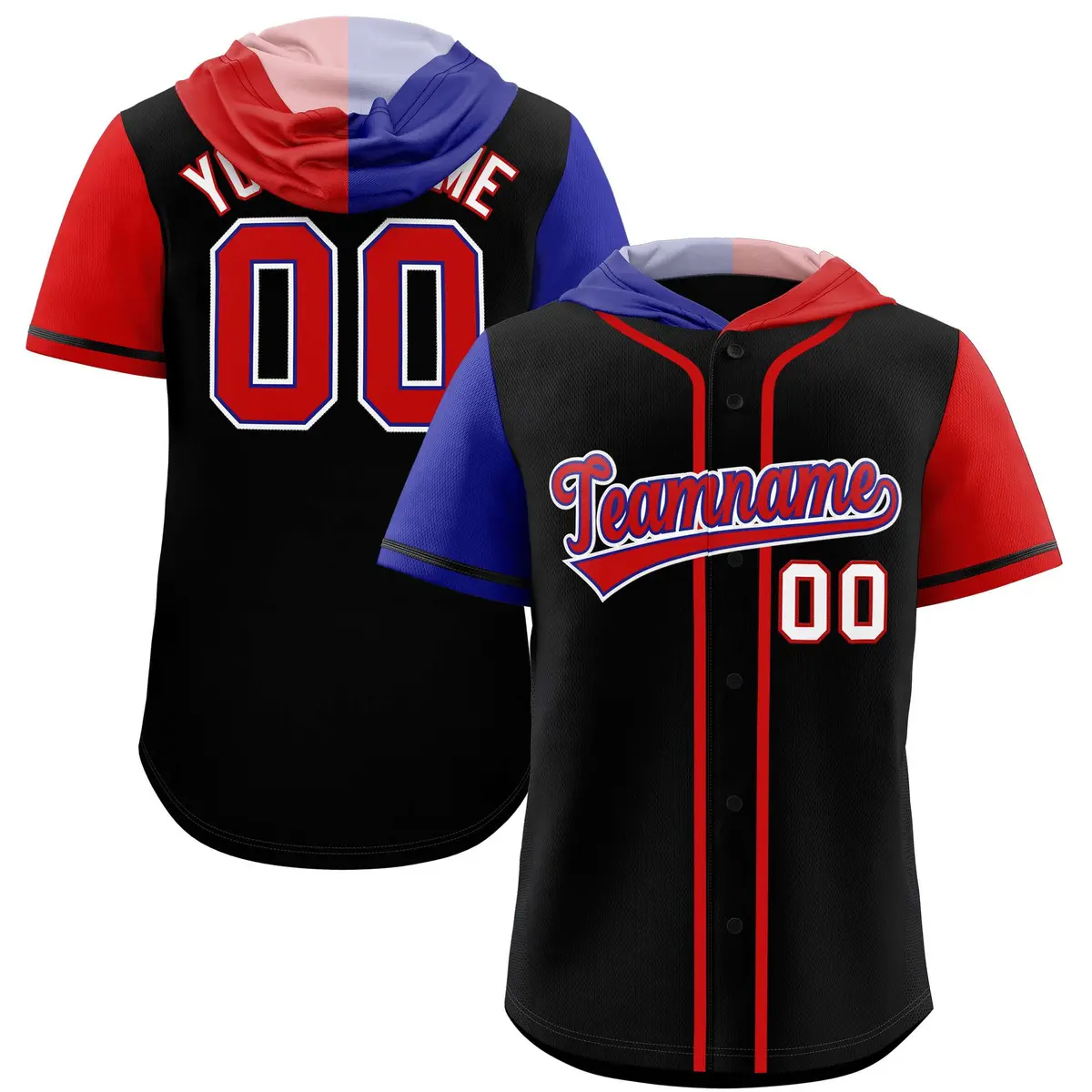 Black Royal Red Split Raglan Baseball Hoodie Jersey