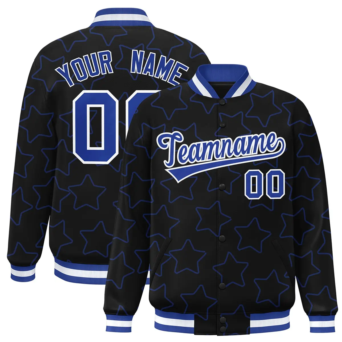 Black Royal Star Pattern Varsity Letterman Baseball Jacket