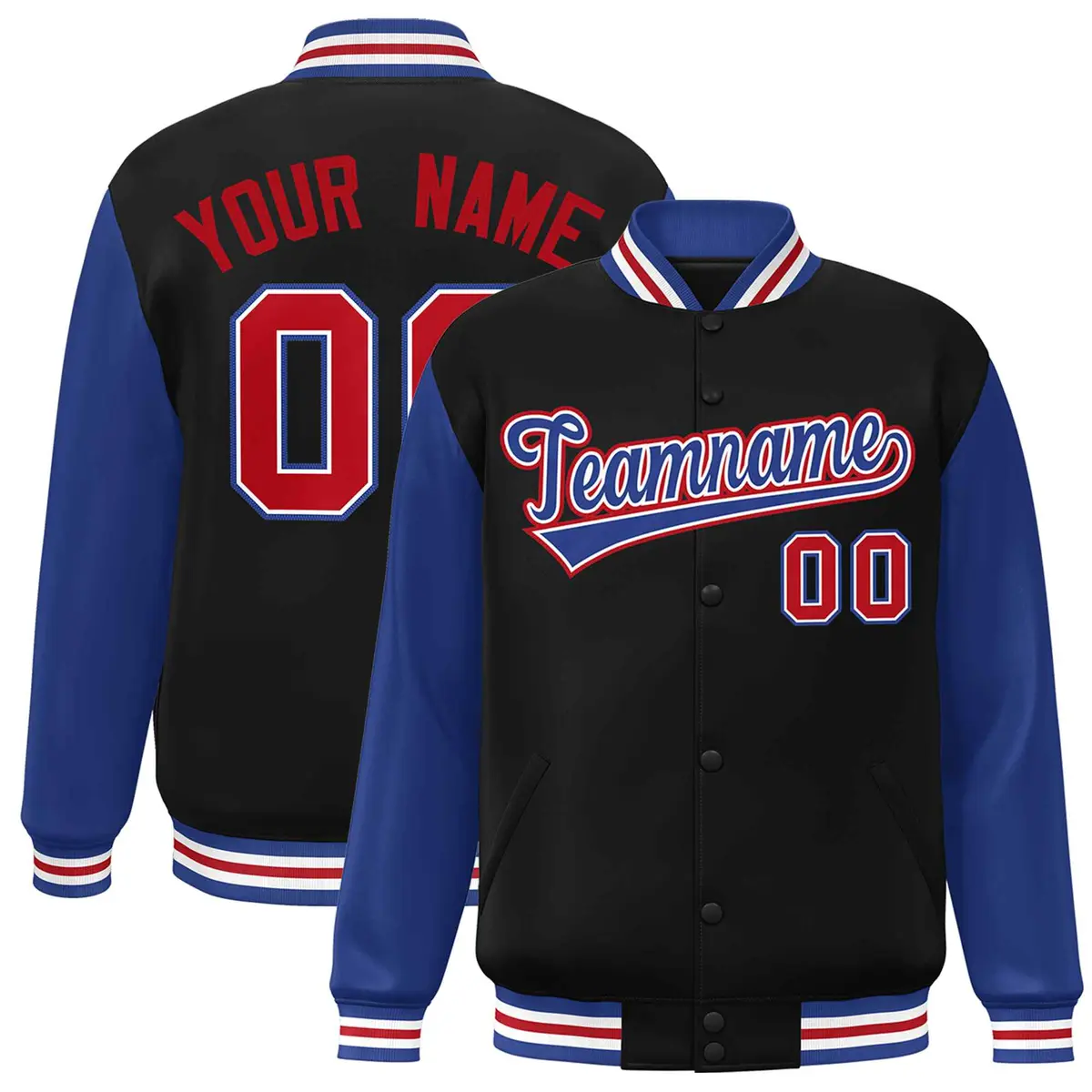 Black Royal-White Raglan Varsity Full-Snap Letterman Jacket