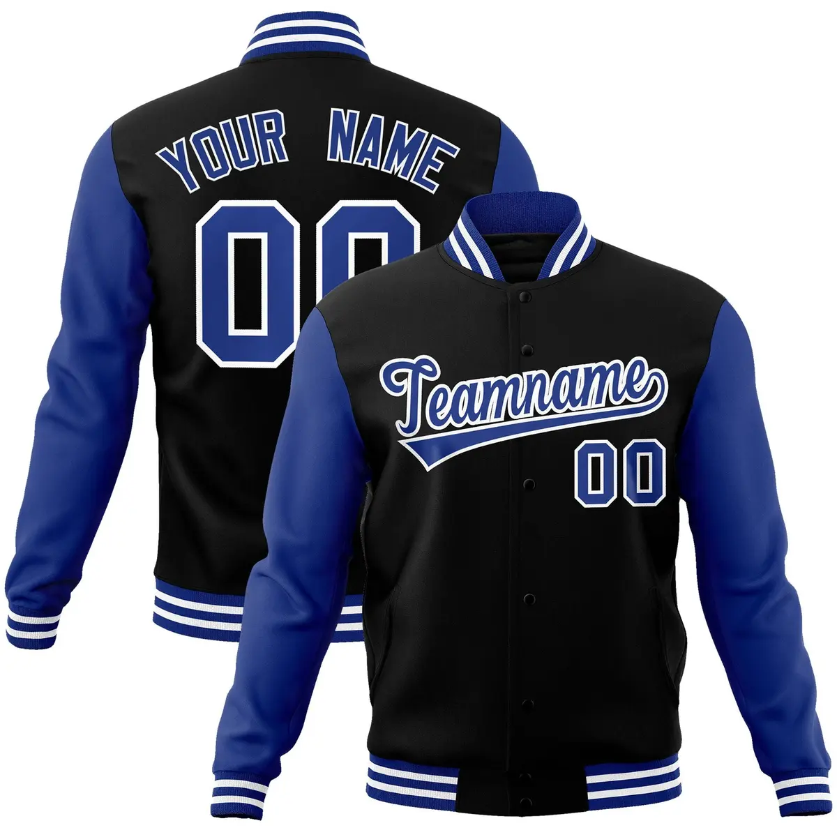 Black Royal-White Raglan Varsity Full-Snap Letterman Jacket