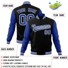 Black Royal-White Raglan Varsity Full-Snap Letterman Jacket 4