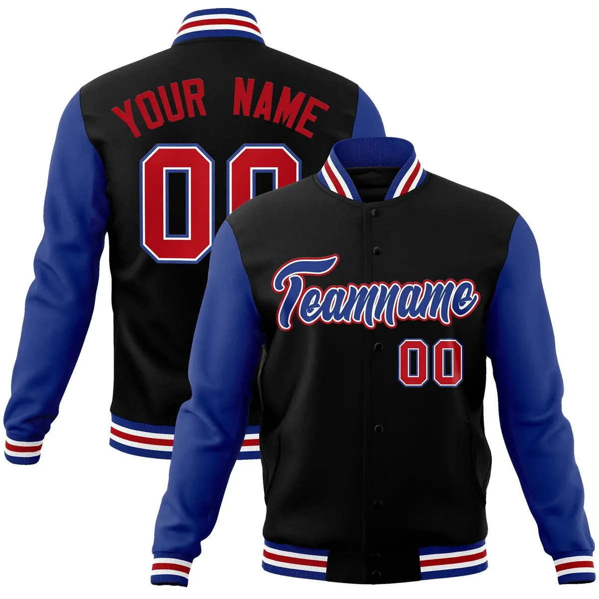 Black Royal-White Raglan Varsity Full-Snap Letterman Jacket