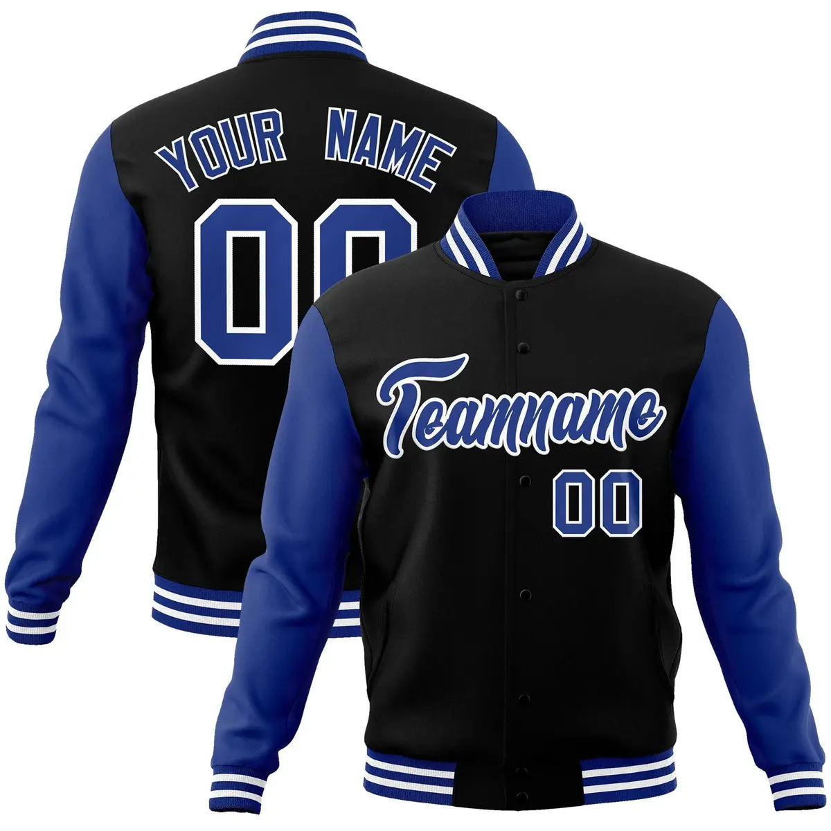 Black Royal-White Raglan Varsity Full-Snap Letterman Jacket