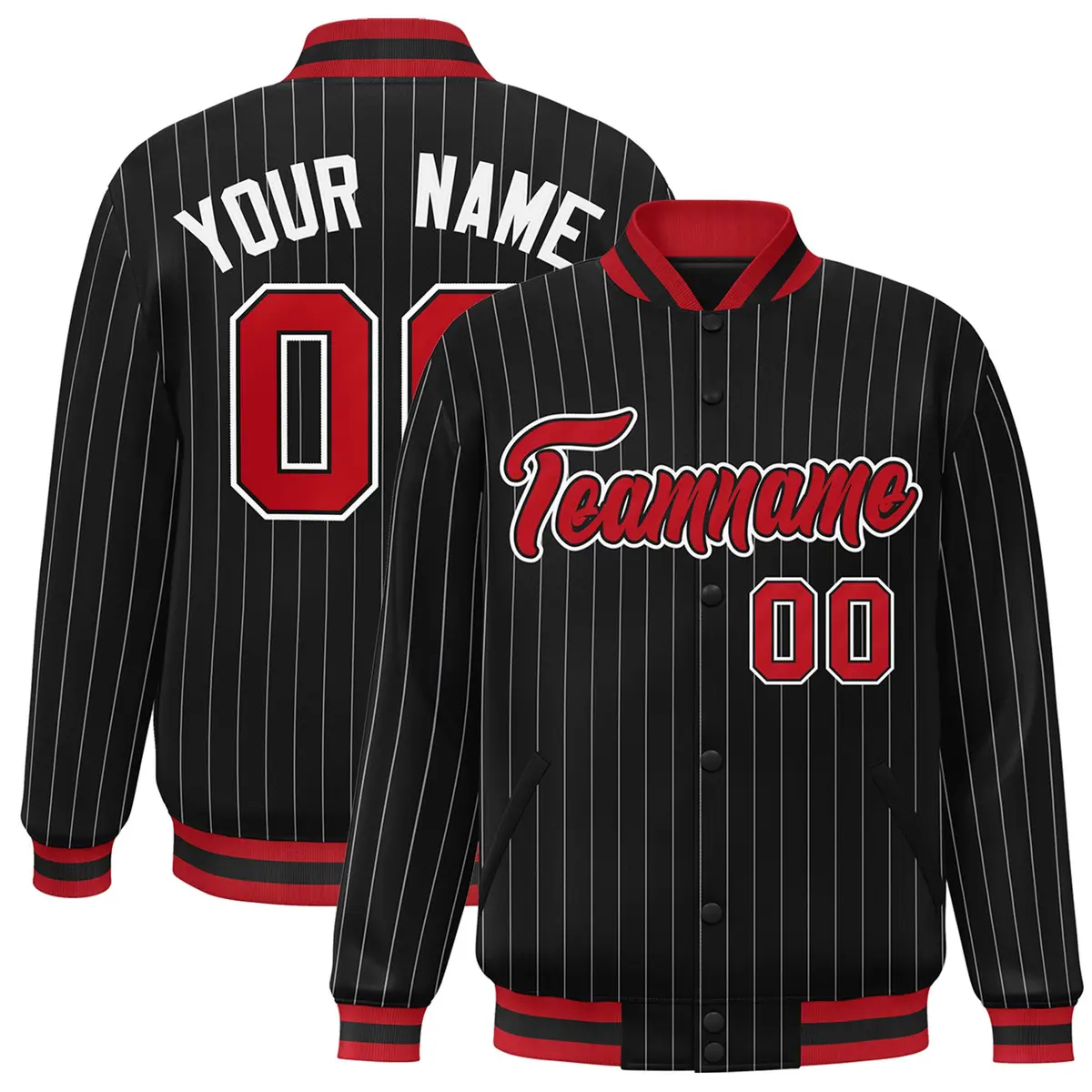 Black Scarlet White Stripe Varsity Bomber Jacket