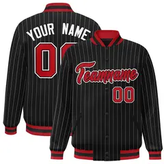 Black Scarlet White Stripe Varsity Bomber Jacket